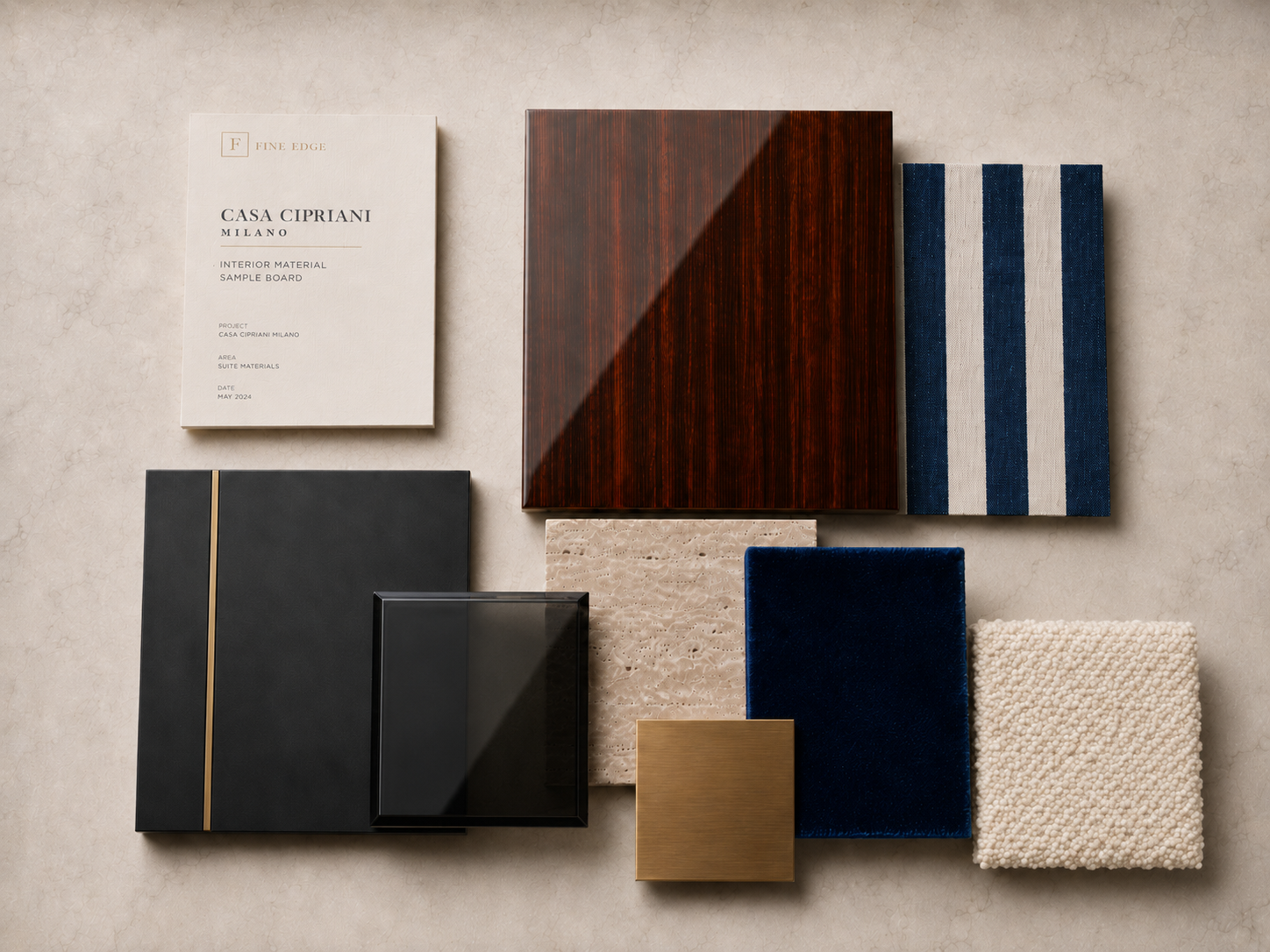 Casa Cipriani material palette — mahogany veneer, Bardiglio marble, navy velvet, brass, and bespoke striped fabric, confirmed prior to procurement